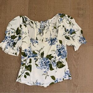 Reformation White and Blue Floral Blouse